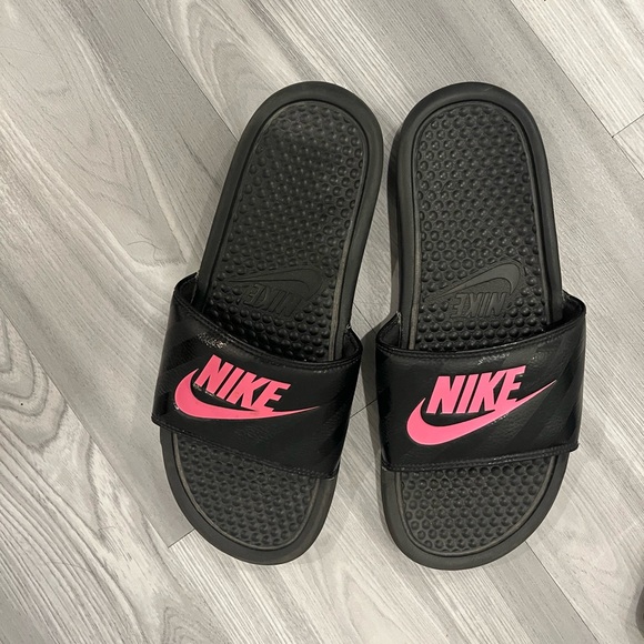 Nike Shoes - Nike Black Slides with Pink Logo